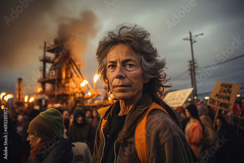 Determined woman at twilight protest with intense gaze, crowd, and industrial fires in background.