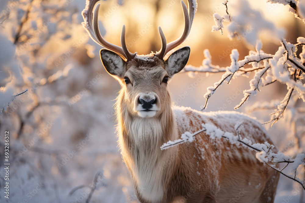 A serene deer with majestic antlers stands amidst snow-covered branches, bathed in the warm glow of golden hour. A serene deer with majestic antlers stands amidst snow-covered branches, bathed in the warm glow of golden hour.