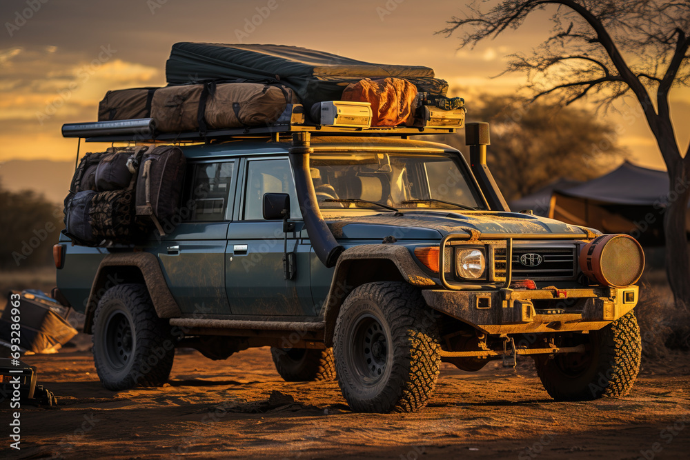 Fototapeta premium A fully-equipped off-road vehicle at sunset, laden with camping gear, ready for an adventure in a remote, scenic wilderness.