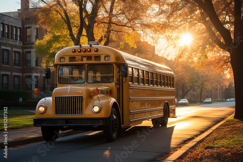 A school bus parked on a city street basked in the warm light of an autumn sunrise.