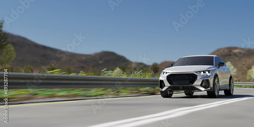 3d render of driving suv car or cruising vehicle on highway road for travel and transport concept.