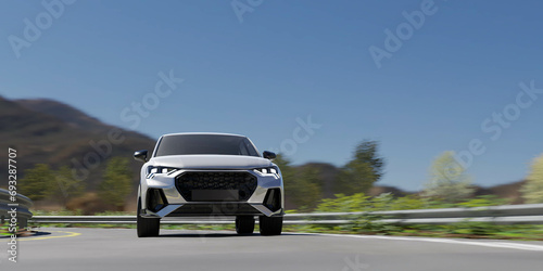 3d render of driving suv car or cruising vehicle on highway road for travel and transport concept.
