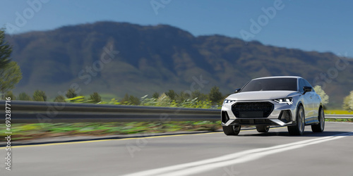 3d render of driving suv car or cruising vehicle on highway road for travel and transport concept.