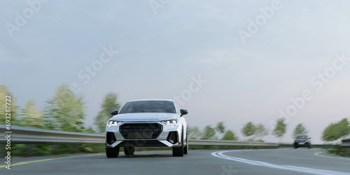 3d render of driving suv car or cruising vehicle on highway road for travel and transport concept.