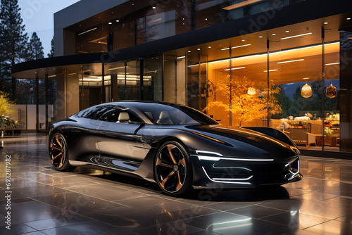 Sleek black luxury sports car parked in front of a modern glass building at dusk, highlighting affluence and elegance. © 22Imagesstudio