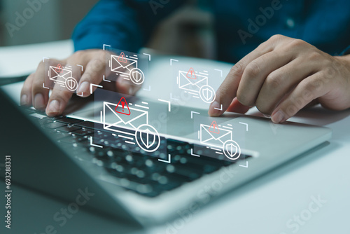 Alert email inbox notification in computer technology laptops and digital concepts warnings and scam information and networks. Internet safety online web security and virus protection are cyberspace