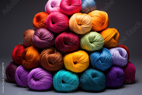 A neatly organized pyramid of colorful yarn balls against a neutral background, highlighting the texture and variety of colors.