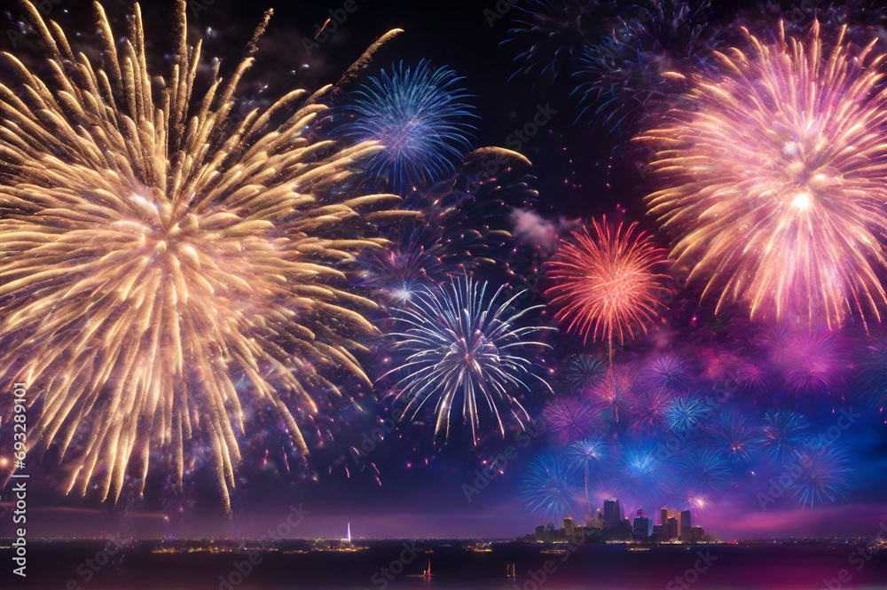 A vibrant and colorful fireworks display lighting up the night sky. Generative Ai