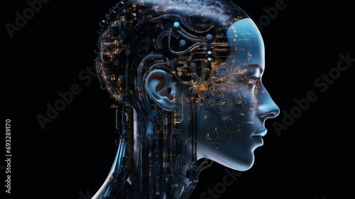 Women cyborg face with computer technology hologram head illustration future artificial intellegence.