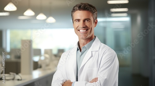 Portrait of a friendly doctor smiling with folded arms, using white coat. photo