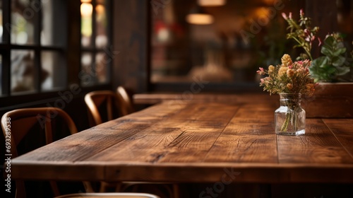 Cozy cafe with wood furniture, and potted plants. photo