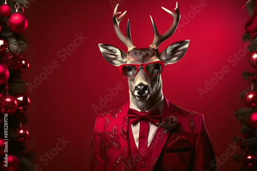 Well dressed reindeer wearing glasses and costume with christmas ornamets, standing on red background