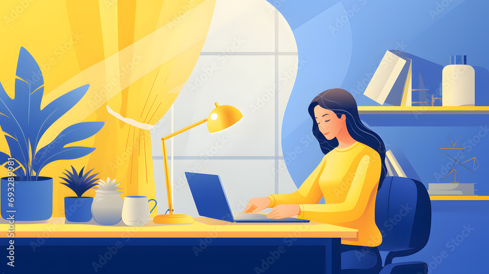 Obraz premium Office worker. Businesswoman and engineering is sitting at the desk and working on the laptop. Flat vector concept illustration isolated on white.