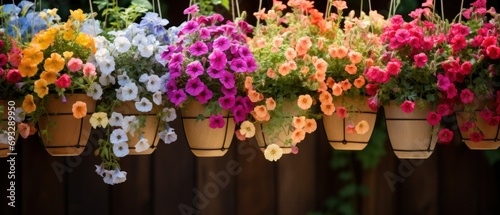Colorful Hanging Baskets with Assorted Blooming Flowers photo
