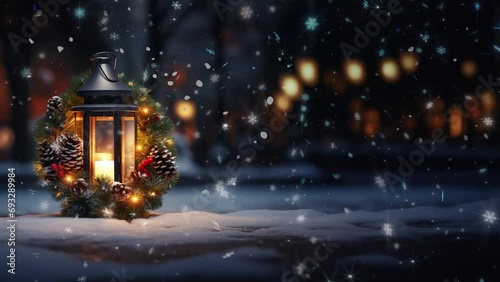 video of glowing christmas candlelight lantern decoration on snowy winter landscape with snow flakes falling during winter time on christmas eve (contains AI generated images)