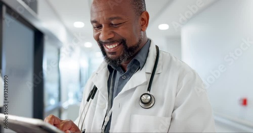 Doctor, hospital and tablet for medical information, typing and management of online report or results. Healthcare expert or happy african man on digital technology for services, research or planning photo