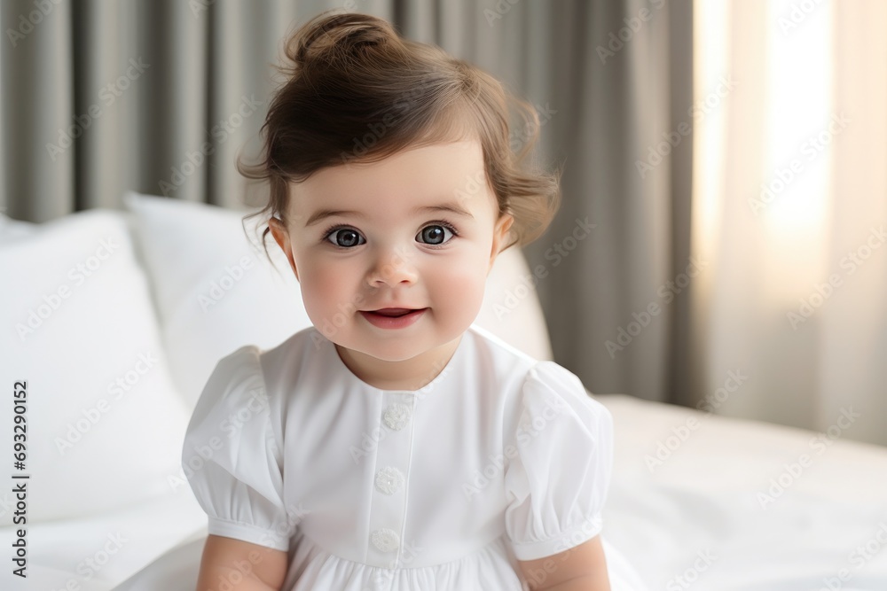 Toddler girl smiling in white dress on bed. Child innocence and joy.