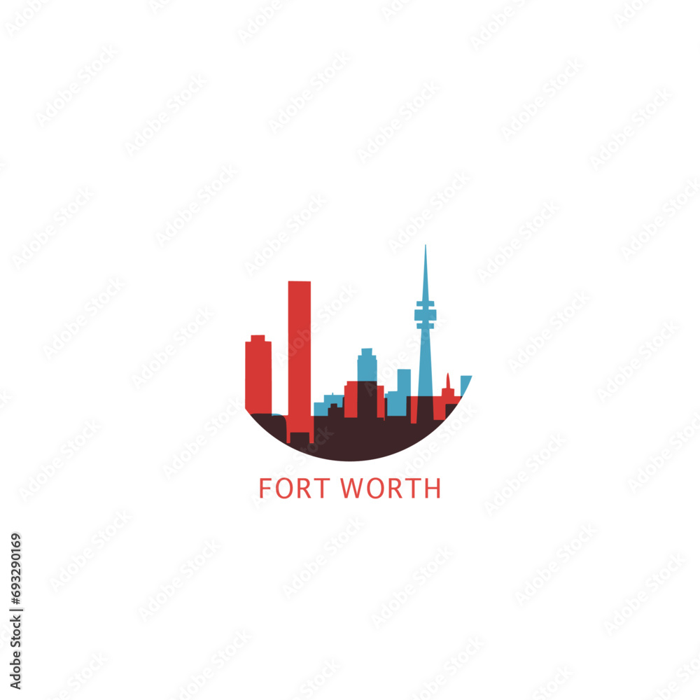 Fort Worth USA United States cityscape skyline city panorama vector flat modern logo icon. US American Texas state emblem idea with landmarks and building silhouette