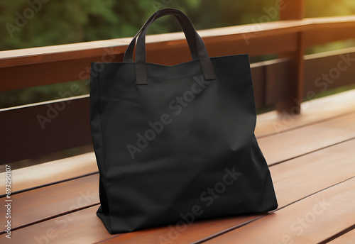 Mockup shopper black tote bag handbag on wood table. Copy space shopping eco reusable bag. Grocery tote-bag accessories. Template blank cotton material canvas cloth. Tote bag mockup.