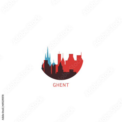 Ghent cityscape skyline city panorama vector flat modern logo icon.  Belgium town emblem idea with landmarks and building silhouettes