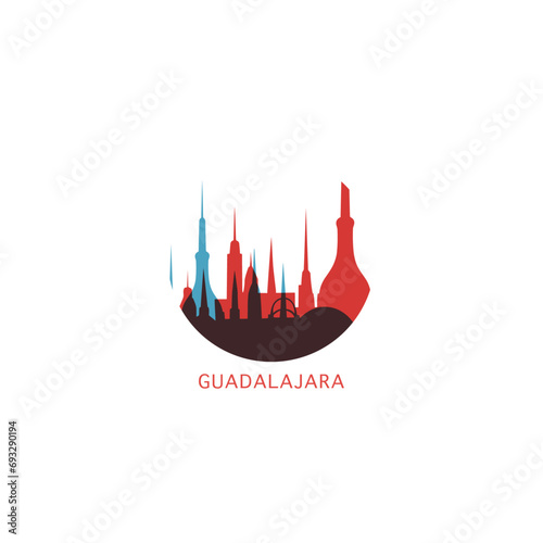Guadalajara cityscape skyline city panorama vector flat modern logo icon. Mexico metropolis town emblem idea with landmarks and building silhouettes