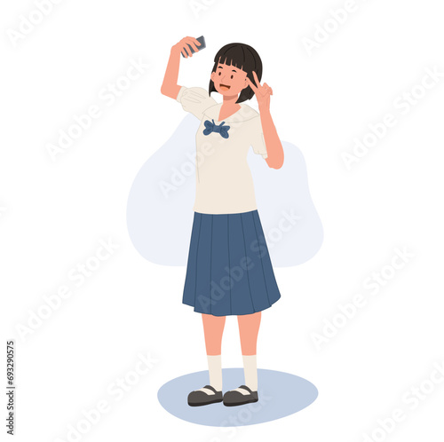  Asian Teenager Lifestyle. Thai Student in Uniform Taking Cheerful Selfies