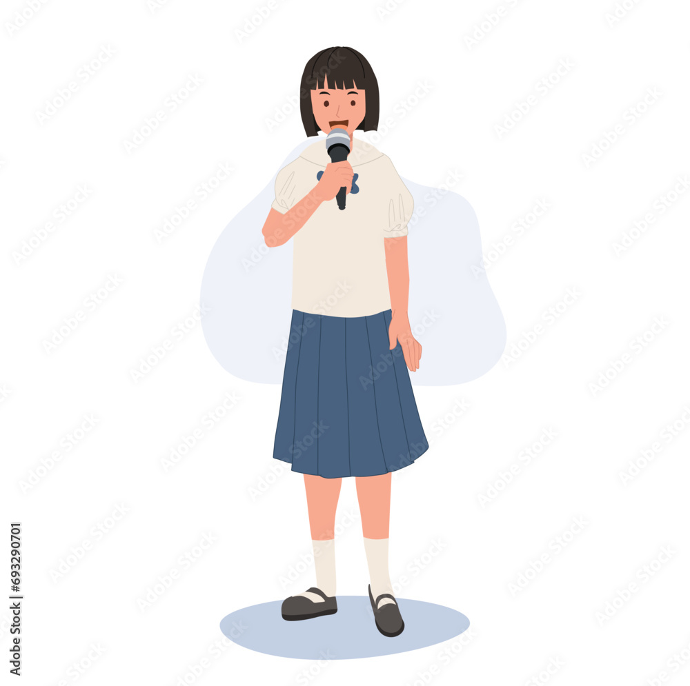 School Speech and Presentation concept. Confident Thai student in School Uniform Speaking with Microphone.
