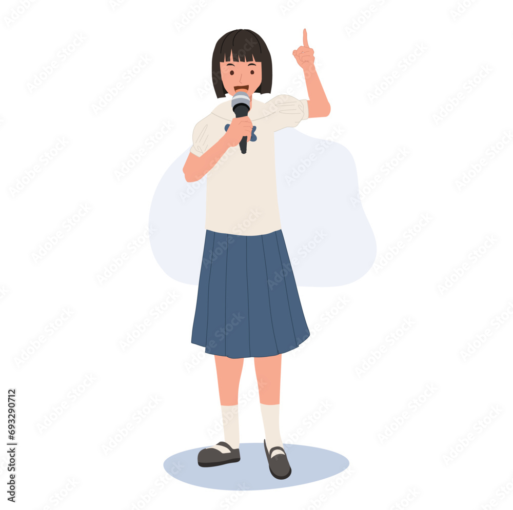 School Speech and Presentation concept. Confident Thai student in School Uniform Speaking with Microphone. School Speech and Presentation concept. Confident Thai student in School Uniform Speaking with Microphone.