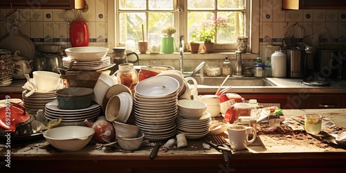 Hoarding disorder - cluttered kitchen with dirty dishes. photo