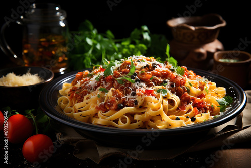 A sumptuous plate of tagliatelle pasta topped with rich tomato sauce, herbs, and grated cheese, showcased on a dark rustic table.