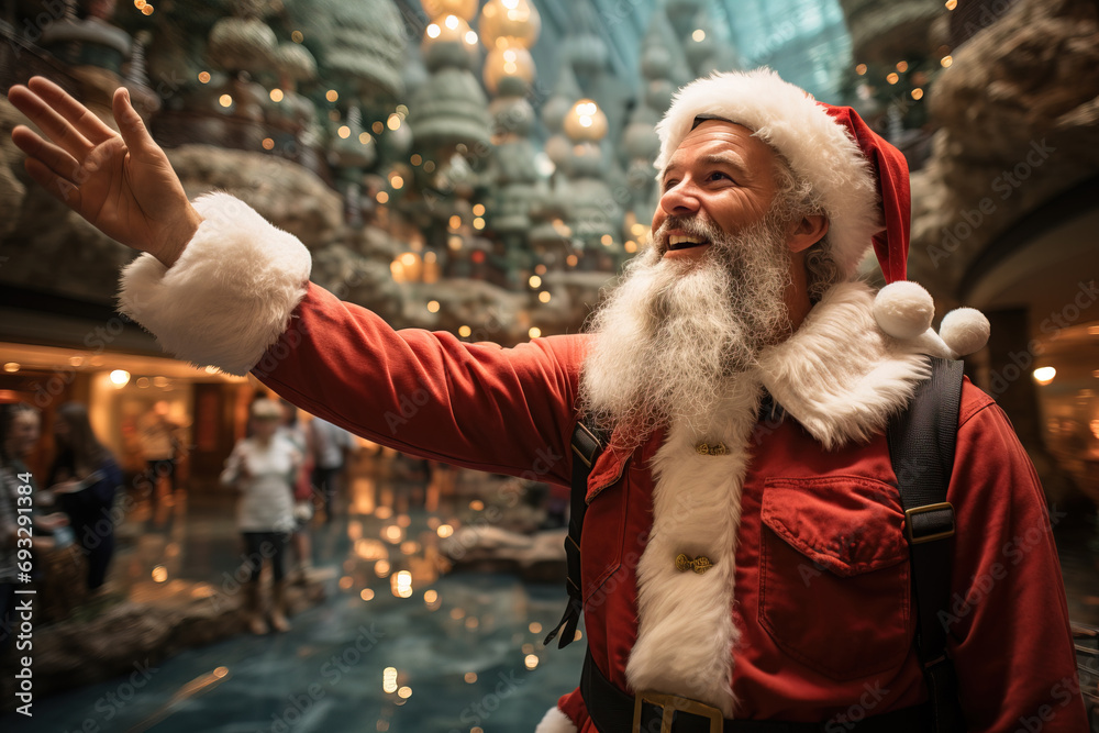 Santa Claus in a mall waving happily amidst festive decorations and lights, creating a joyful Christmas atmosphere.