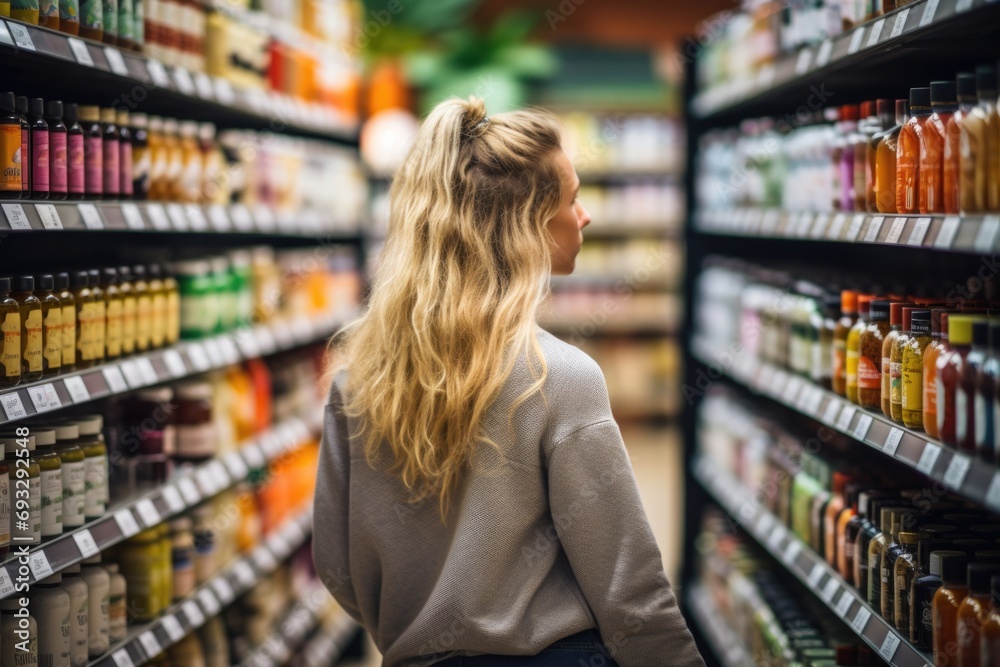 A woman standing in a grocery store aisle. Generative AI. A woman standing in a grocery store aisle. Generative AI.