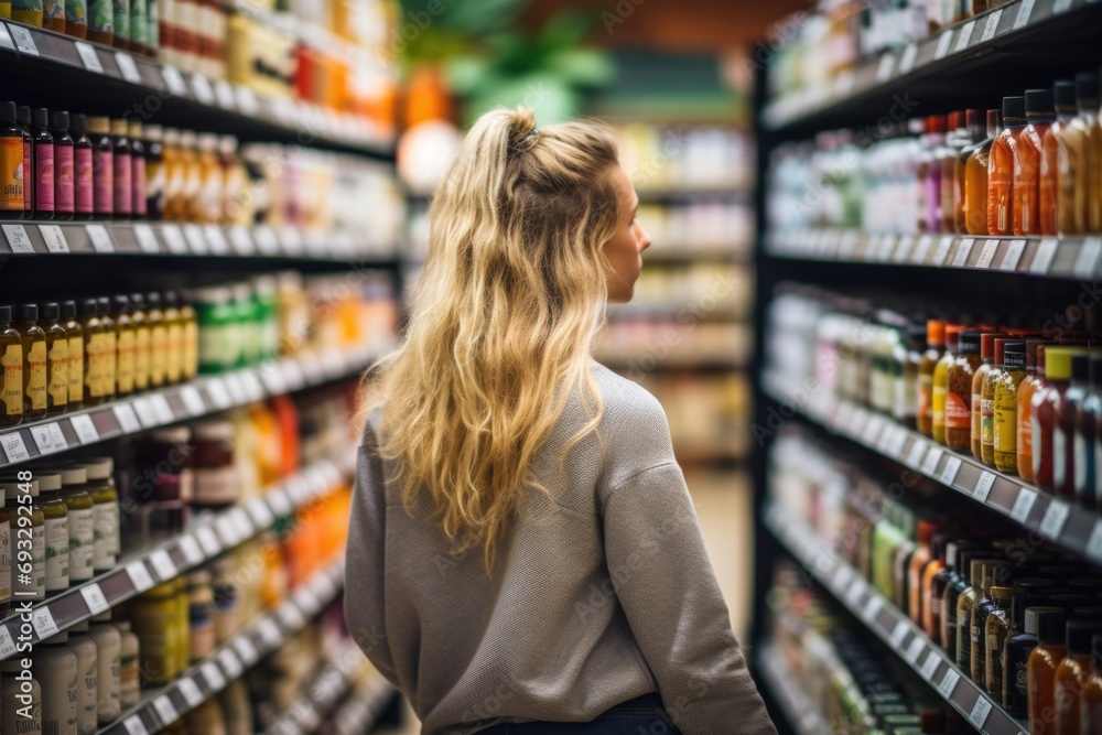 A woman standing in a grocery store aisle. Generative AI.