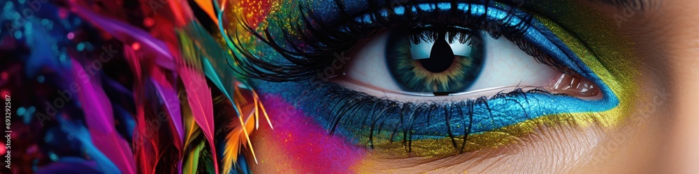 A close up of a person"s eye with colorful makeup. Generative AI. - obrazy, fototapety, plakaty 