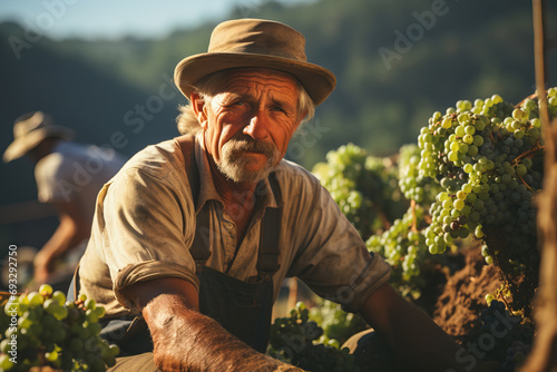 An elderly man harvesting grapes in a vineyard during golden hour, showcasing focus and experience in a rural setting.