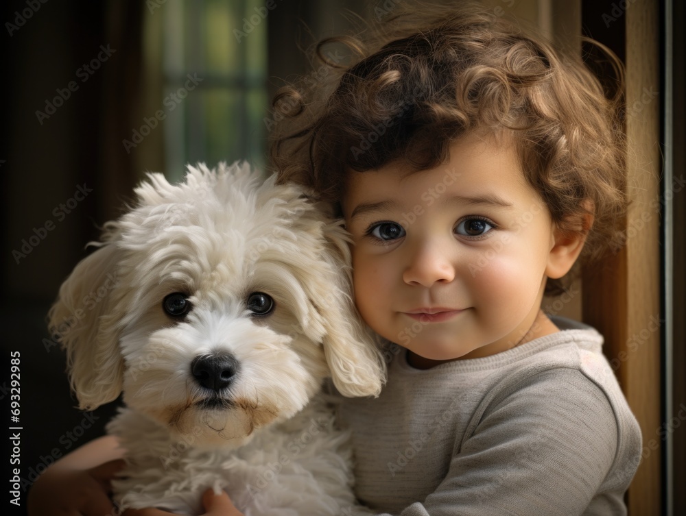 A little girl holding a white dog in her arms. Generative AI.