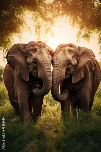Two elephants standing next to each other in a field. Generative AI.