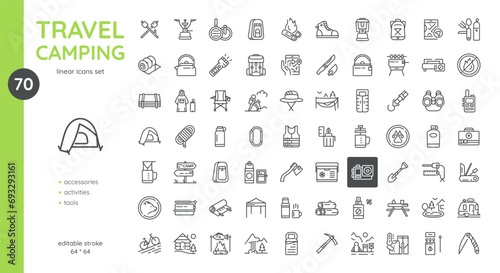 Outdoor Activity and Camping Vector Icons Set - Tents, Wildlife, Trails, Campfires, and Equipment. Editable Linear Collection Including GPS, Thermos, Raincoat, Hiking Gear, Smores and Travel Furniture