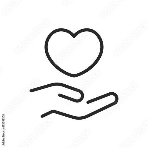 Heart in One Hand Icon - Linear Vector Pictogram of Care and Love, Offering Affection, Supportive Gesture. 