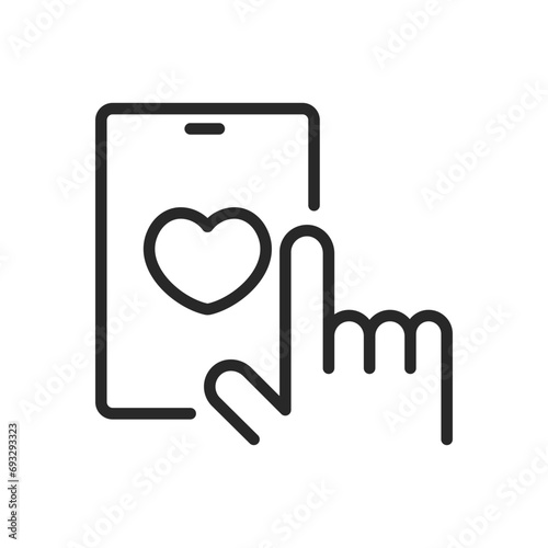 Love Touch on Mobile Icon - Heart Tap Gesture for Smartphone, Digital Love Interaction Linear Vector Pictogram. Social Media Like Isolated Symbol.
