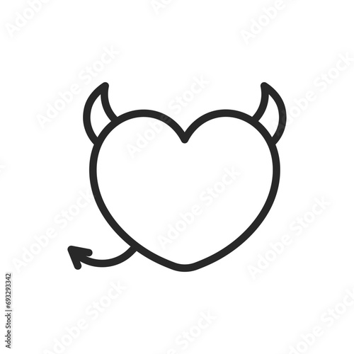 Heart with Devil Horns and Tail Icon - Linear Vector Pictogram for Naughty Valentine's Design.