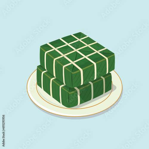 Sticky rice cake, Banh chung, chung cake on a plate vector illustration. Tet holidays. Vietnamese New Year. Vietnamese cuisin photo