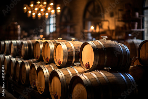 Atmospheric cellar with rows of wooden wine barrels, showcasing the traditional winemaking process in a rustic setting. photo