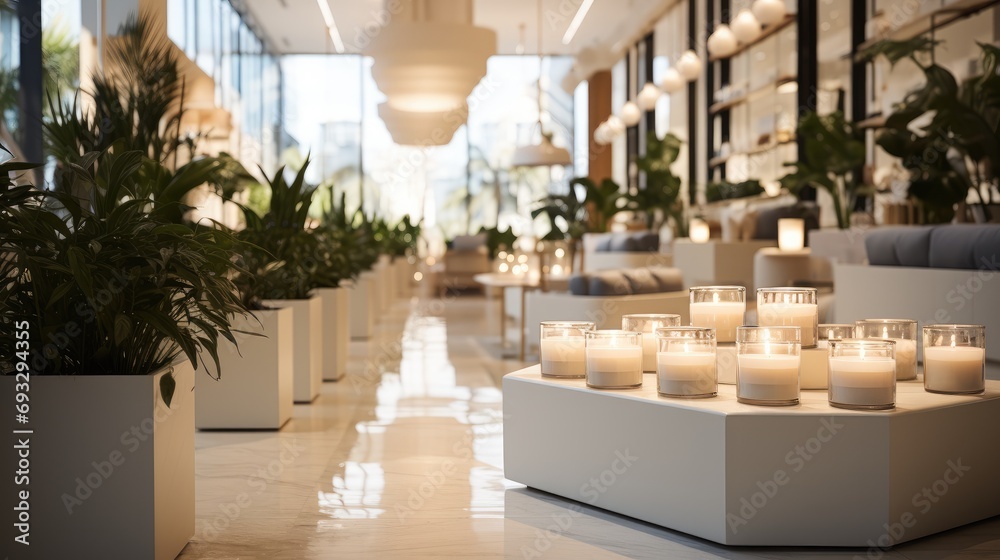A scented candle store with an interior design that seamlessly blends white. Generative AI. - obrazy, fototapety, plakaty 