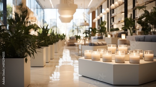 A scented candle store with an interior design that seamlessly blends white. Generative AI.