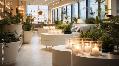 A scented candle store with an interior design that seamlessly blends white. Generative AI. © visoot