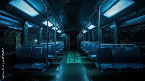 Public bus passenger seats are empty and quiet at night. photo