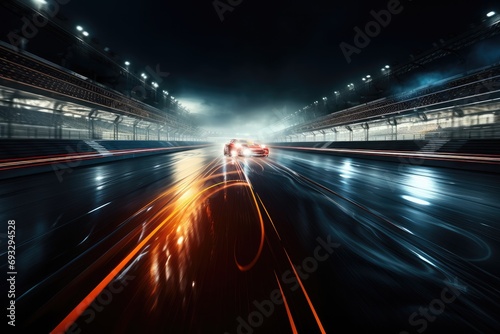 Illuminated racing track, High-speed motion blur, City lights in the backdrop. Generative AI. © visoot