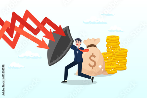 Strong businessman holding shield to protect from red arrow attacking financial security, financial security, money loss or wealth protection, defence from cyber attack or economic recession (Vector)