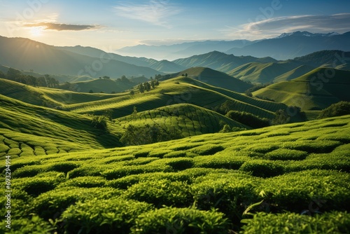 A valley green tea fields. Generative AI. photo